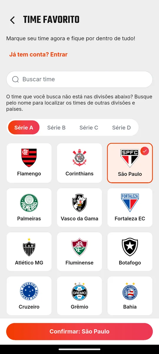 Tela de escolha do time do coração no SR Torcedor, com escudos dos clubes da Série A
