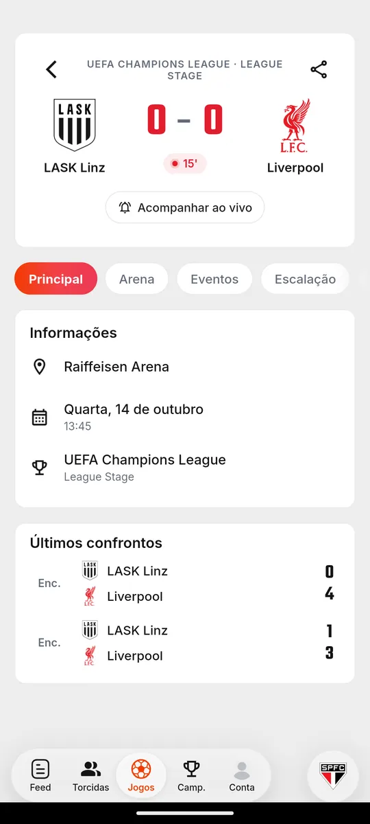 Partida ao vivo no SR Torcedor com placar, minuto do jogo e abas de eventos e escalação
