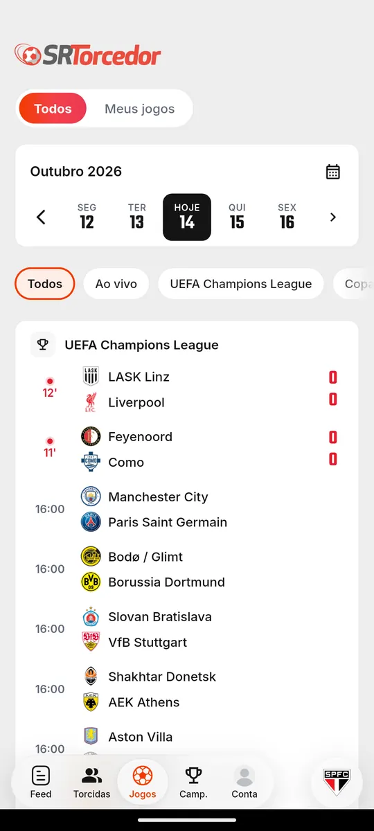 Calendário de jogos do dia no SR Torcedor com partidas ao vivo da Champions League